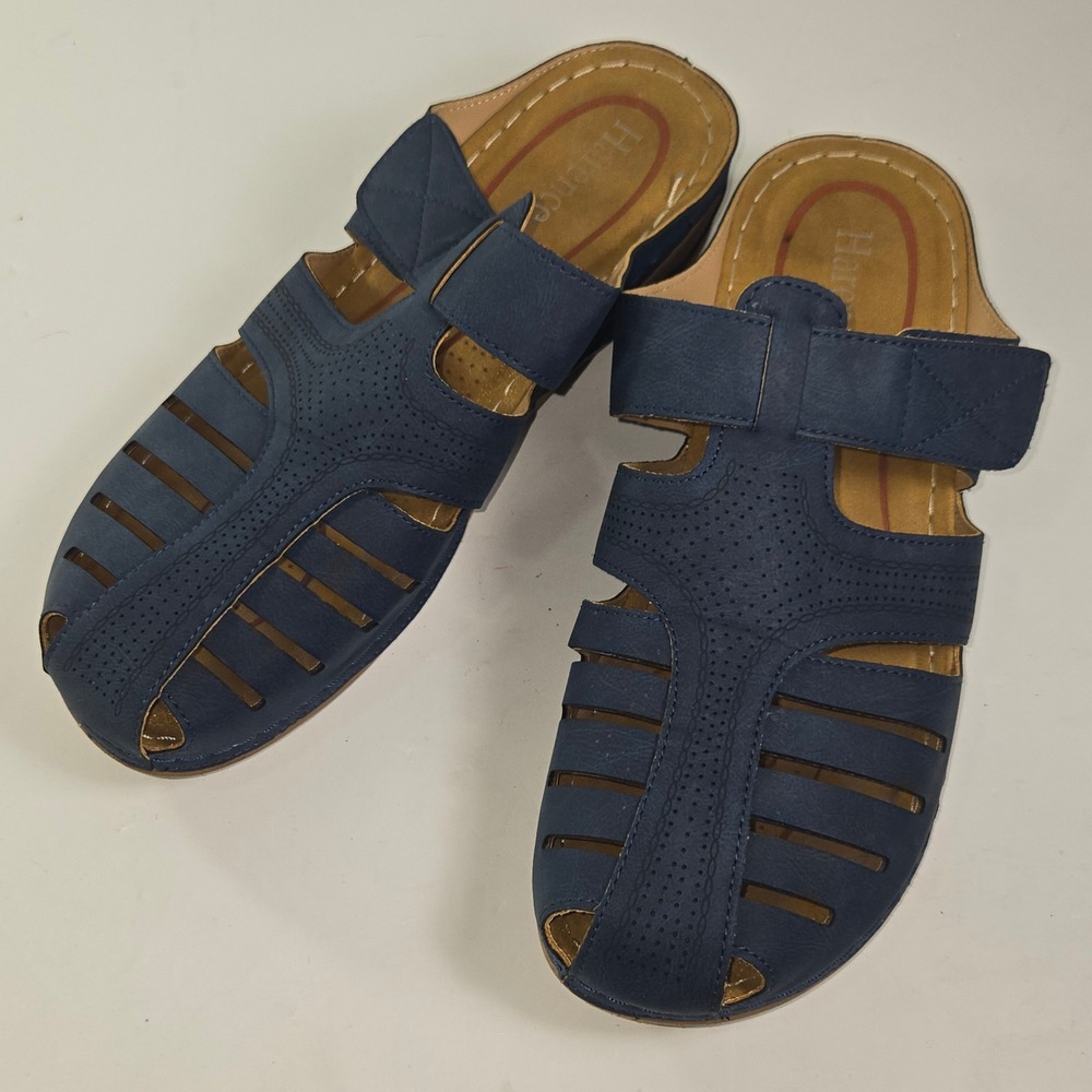 Harence Women's Navy Blue Comfort Sandals Cutout Design Adjustable Strap Size 42